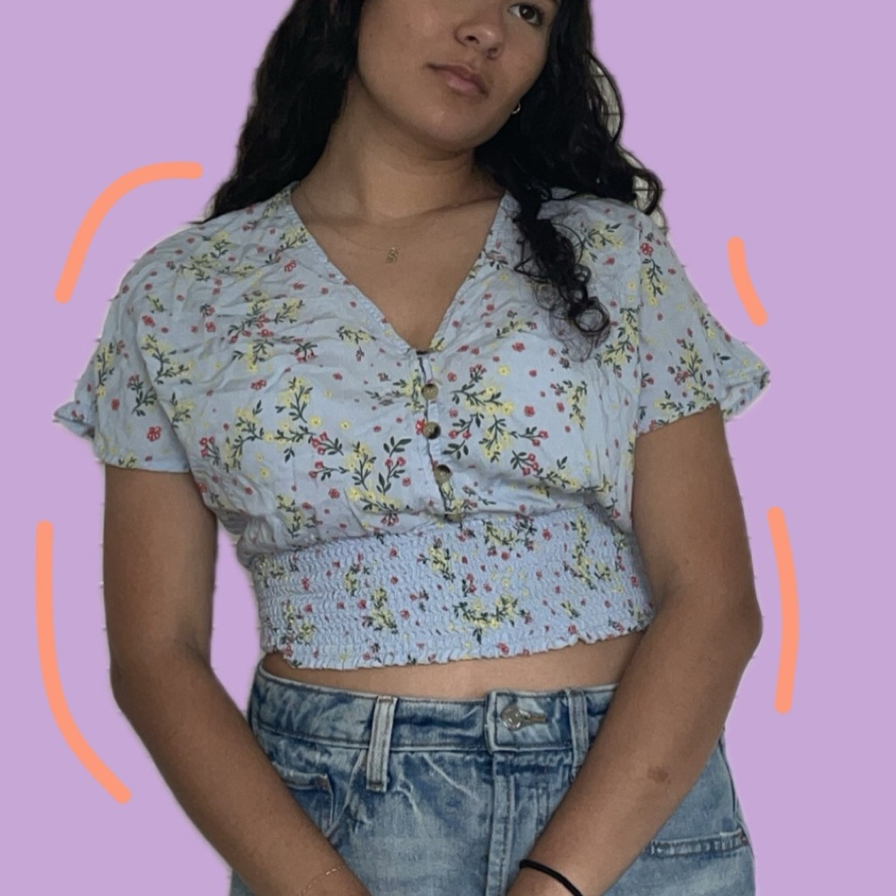 Spring Baby Blue Floral Cropped Blouse